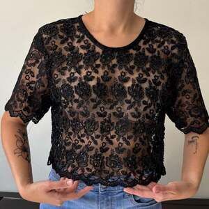 Y2K Black Fairy Beaded Grunge Lace Floral Short Sleeve Whimsygoth Top Medium